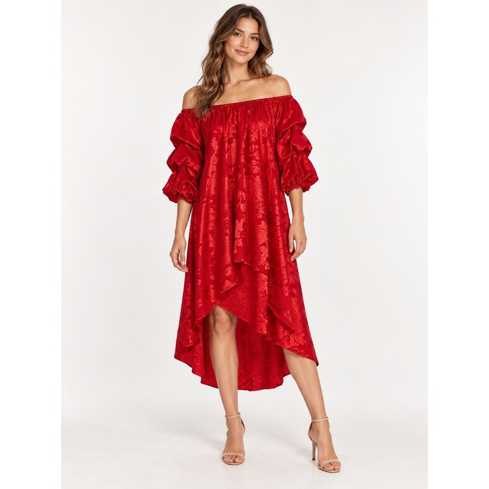 Prelude Red Floral Jacquard Off Shoulder High Low Midi Dress Large